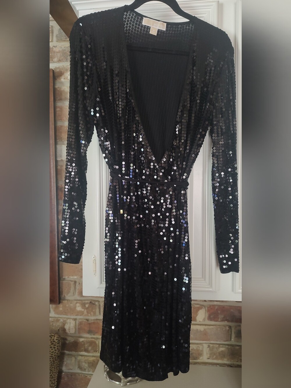 Michael Kors Black Sequin Long Sleeve Wrap Dress Size M